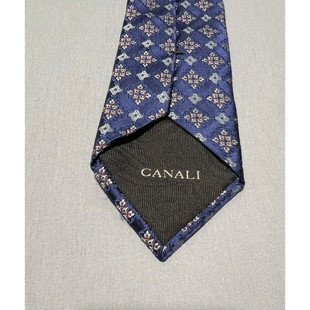 Mens Canali‎ Dark Blue Square Neat Print 100% Silk Neck Tie Made In Italy